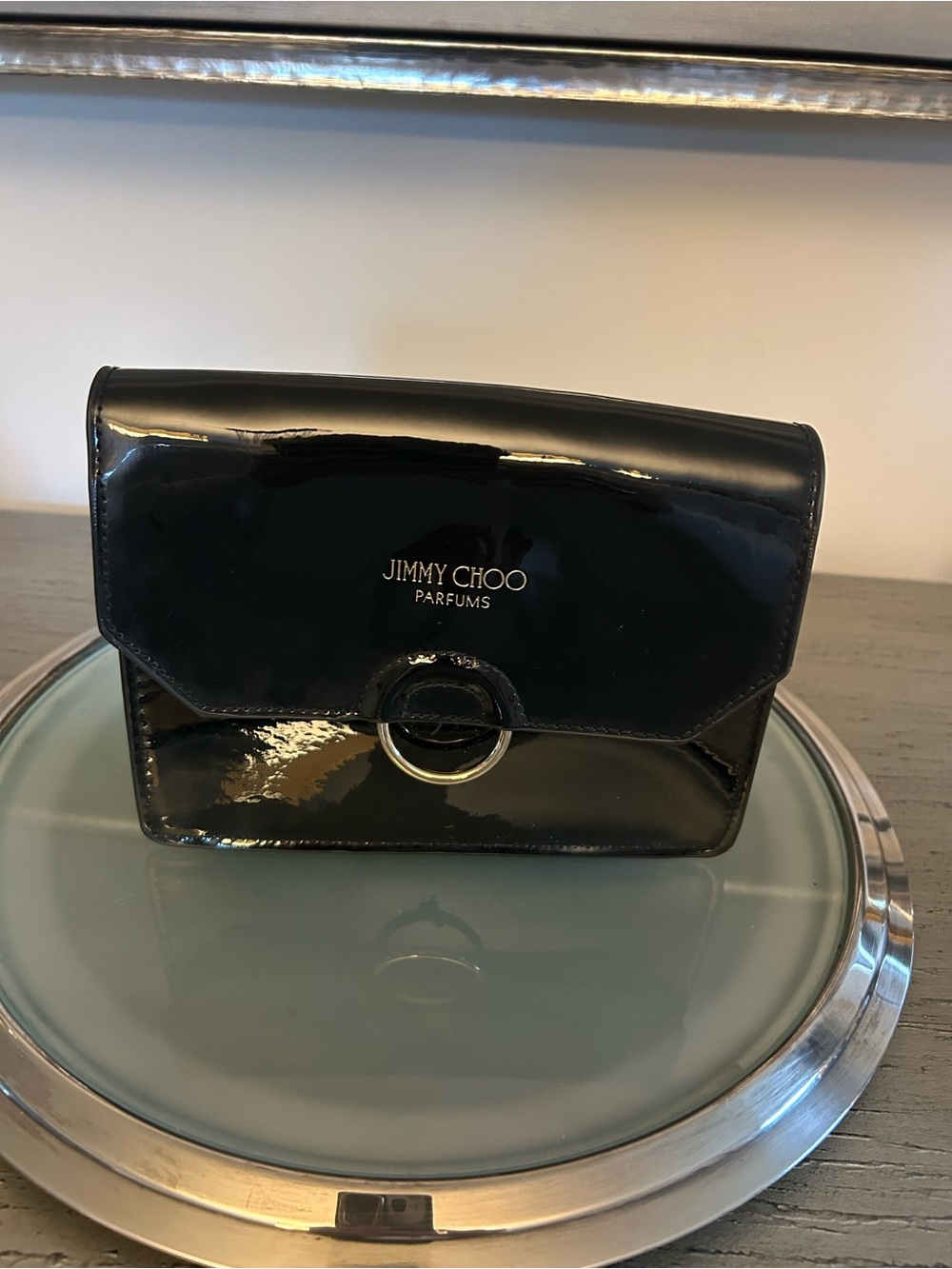 Jimmy Choo Parfums Black Patent Leather Clutch with Ring Detail NWT